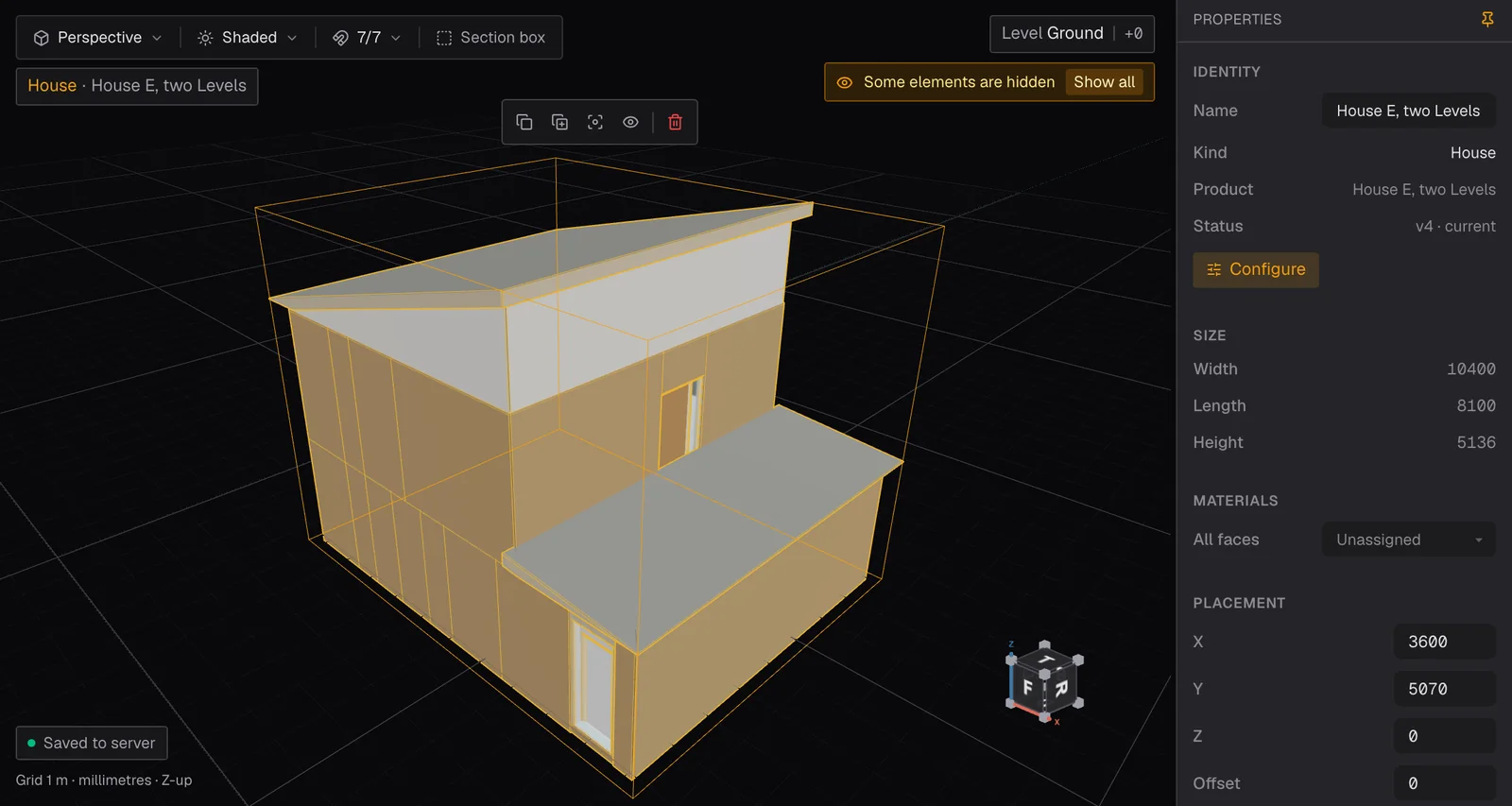 The Model: the house placed in a project, selected, with its properties